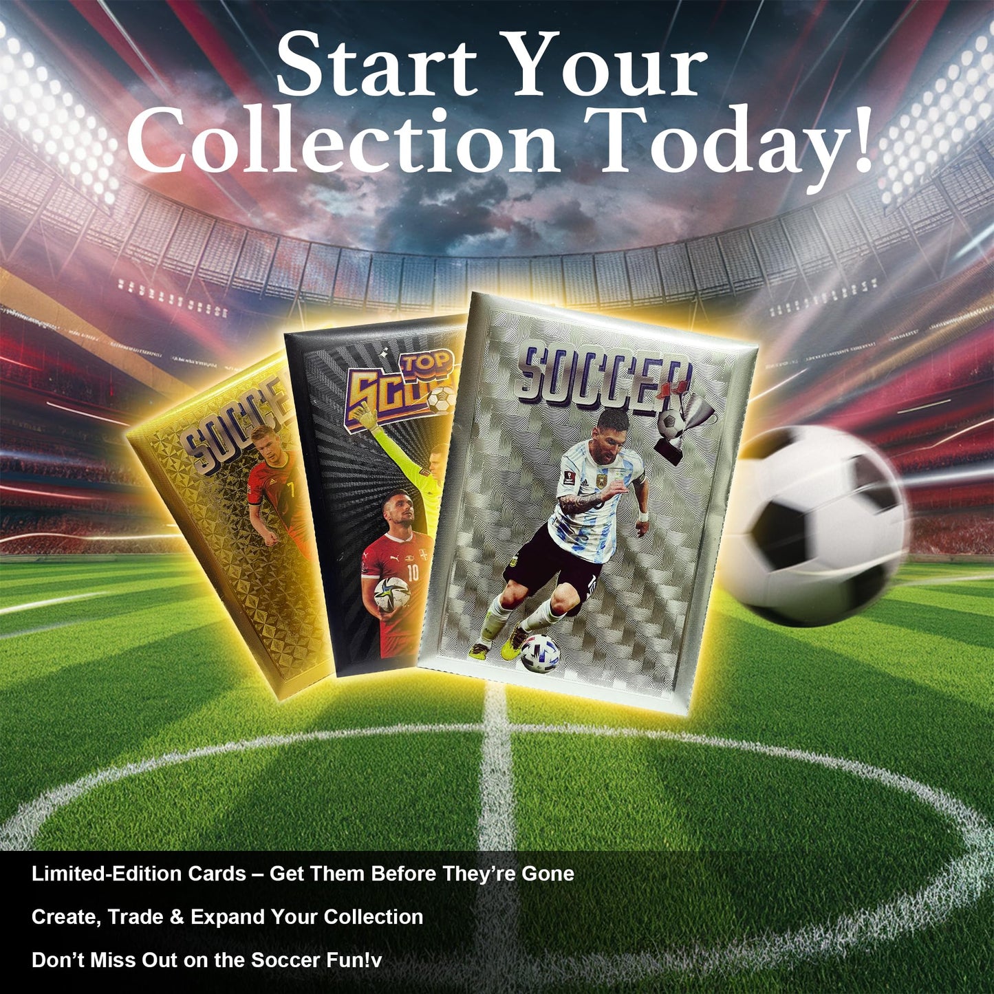 Soccer Trading Cards 2025-26 | 3 Packs - 33 Collectible Cards for Fans & Players Black Gold & Silver Soccer Mystery Cards Packs Different Cards in Each Set - Try & Collect Them All