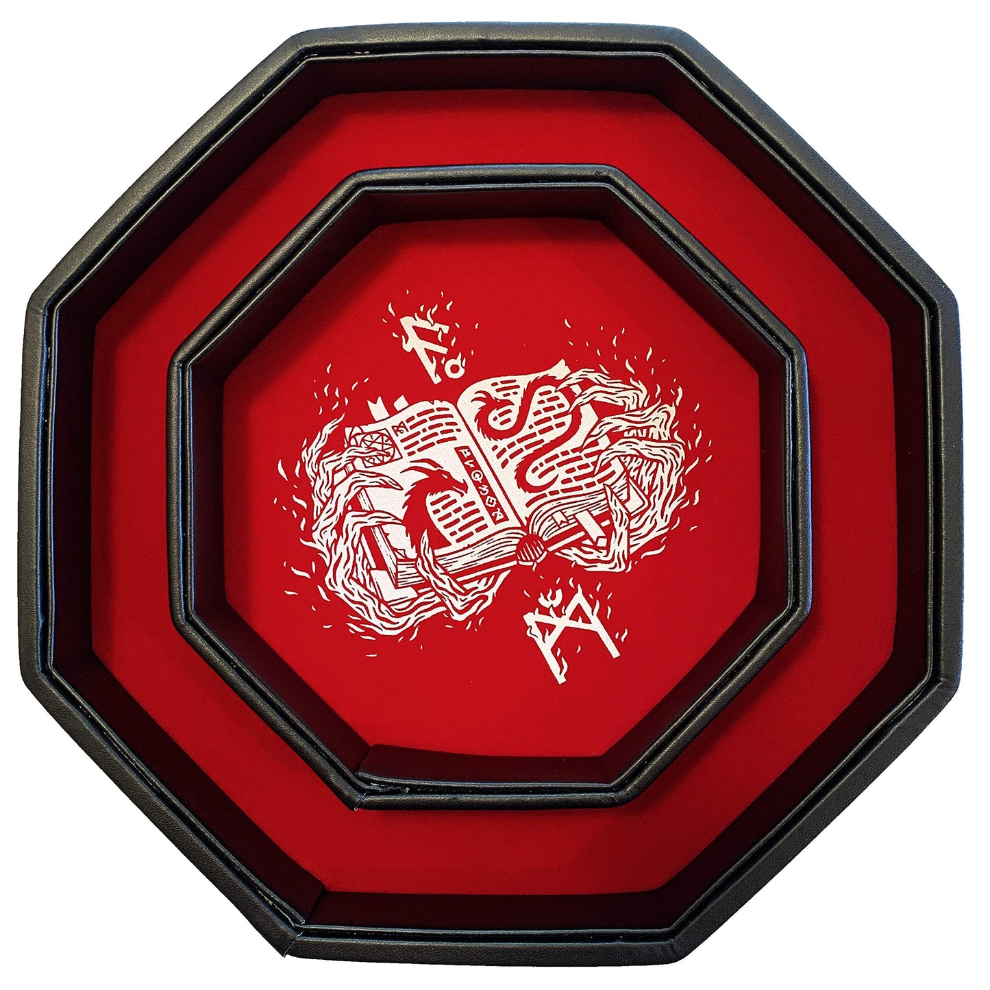 Fantasydice RED Fire Dragon with Wizard Book Print Dice Tray 8'' Octagon with Lid and Dice Staging Area- Holds 5 Sets(7 Dice Set