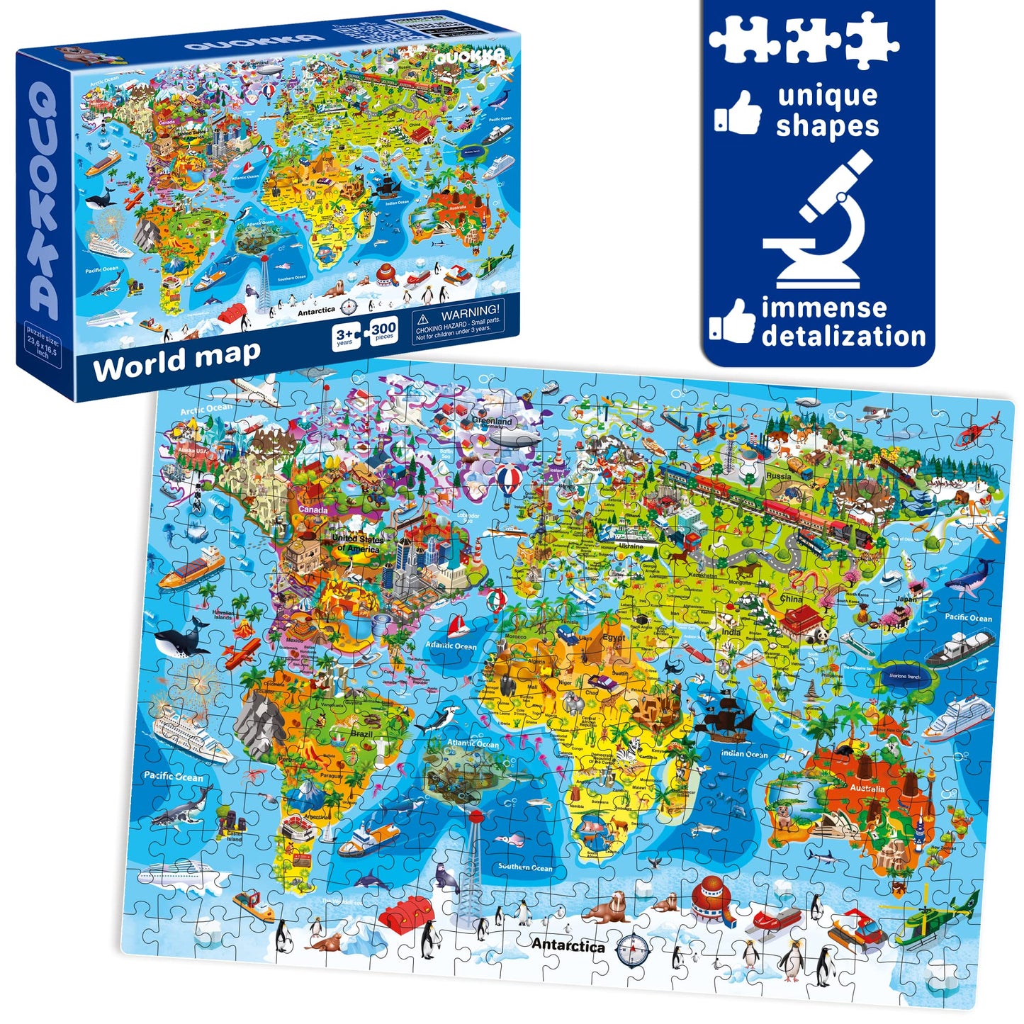 Quokka 300 Piece Floor Puzzles For Kids Ages 10-12 - 3X Set Floor Jigsaw Puzzles Large Pieces - Learning Space Usa And World Maps - Gift Game For Adults Family Boys And Girls 8-10 Year Olds