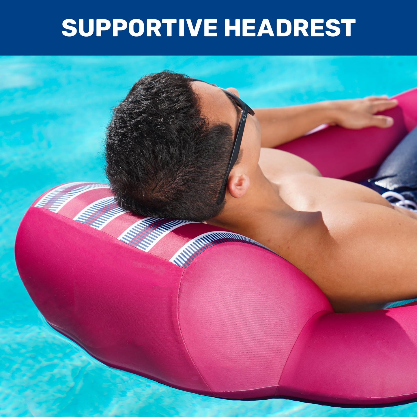 Aqua Luxury Water Pool Lounge – Extra Large – Inflatable Pool Floats For Adults With Headrest, Backrest, Footrest & Cupholder – Burgundy/Navy Stripe
