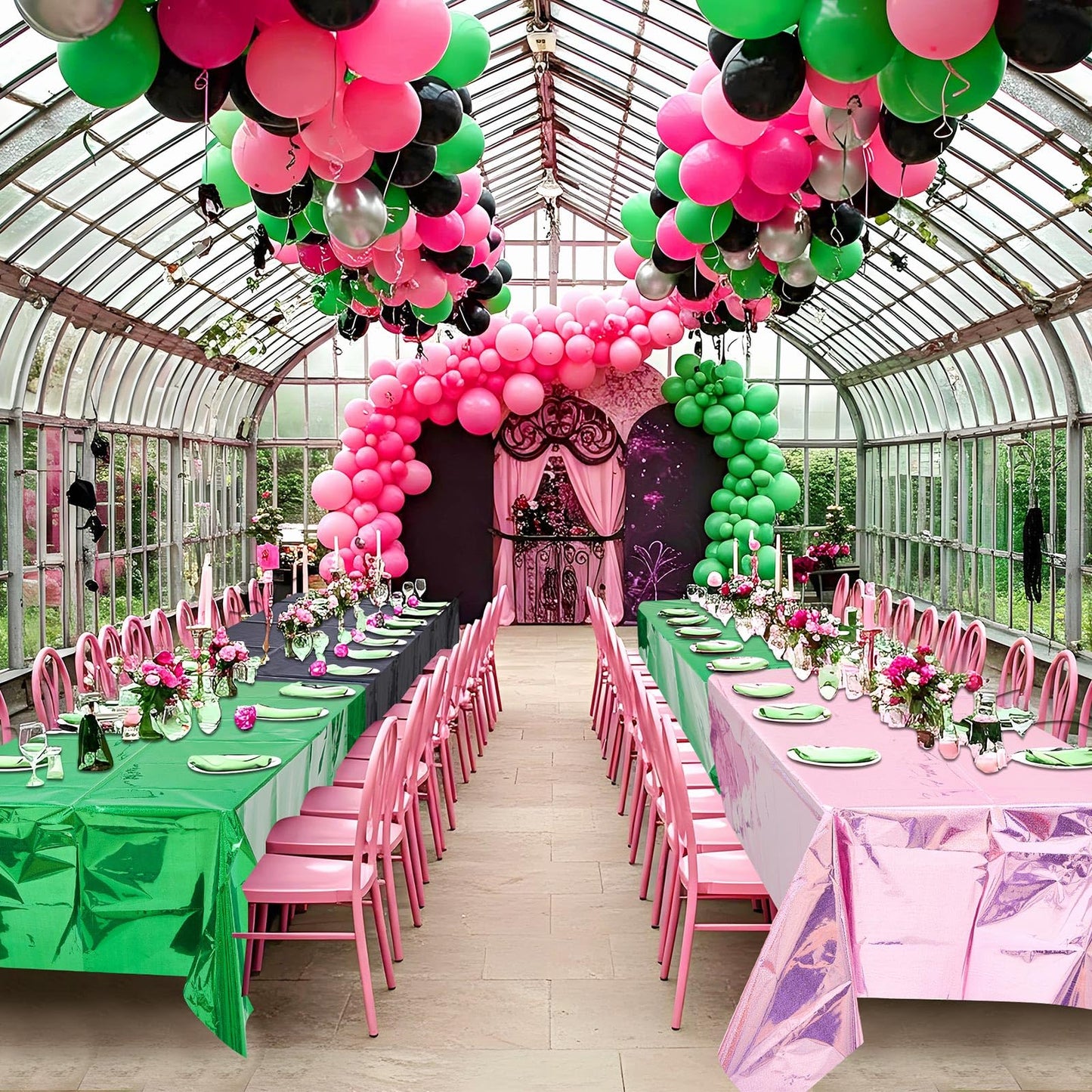 LOYIM 4 Pcs Witch Holographic Tablecloth for Party Pink Green Silver Black 54 x 108 Witch Princess Theme Decorations Iridescent