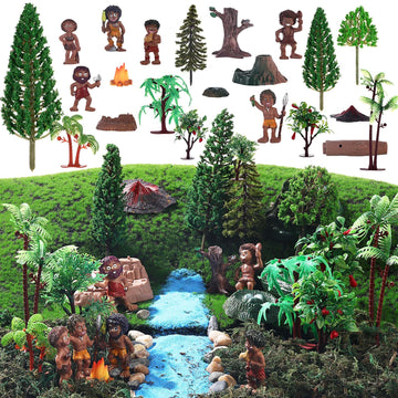 Roundfunny 27 Pcs Primitive Man Figurines Kit, Include Diorama Supplies Mini People Figures Mixed Model Trees Stone Sand For Dio