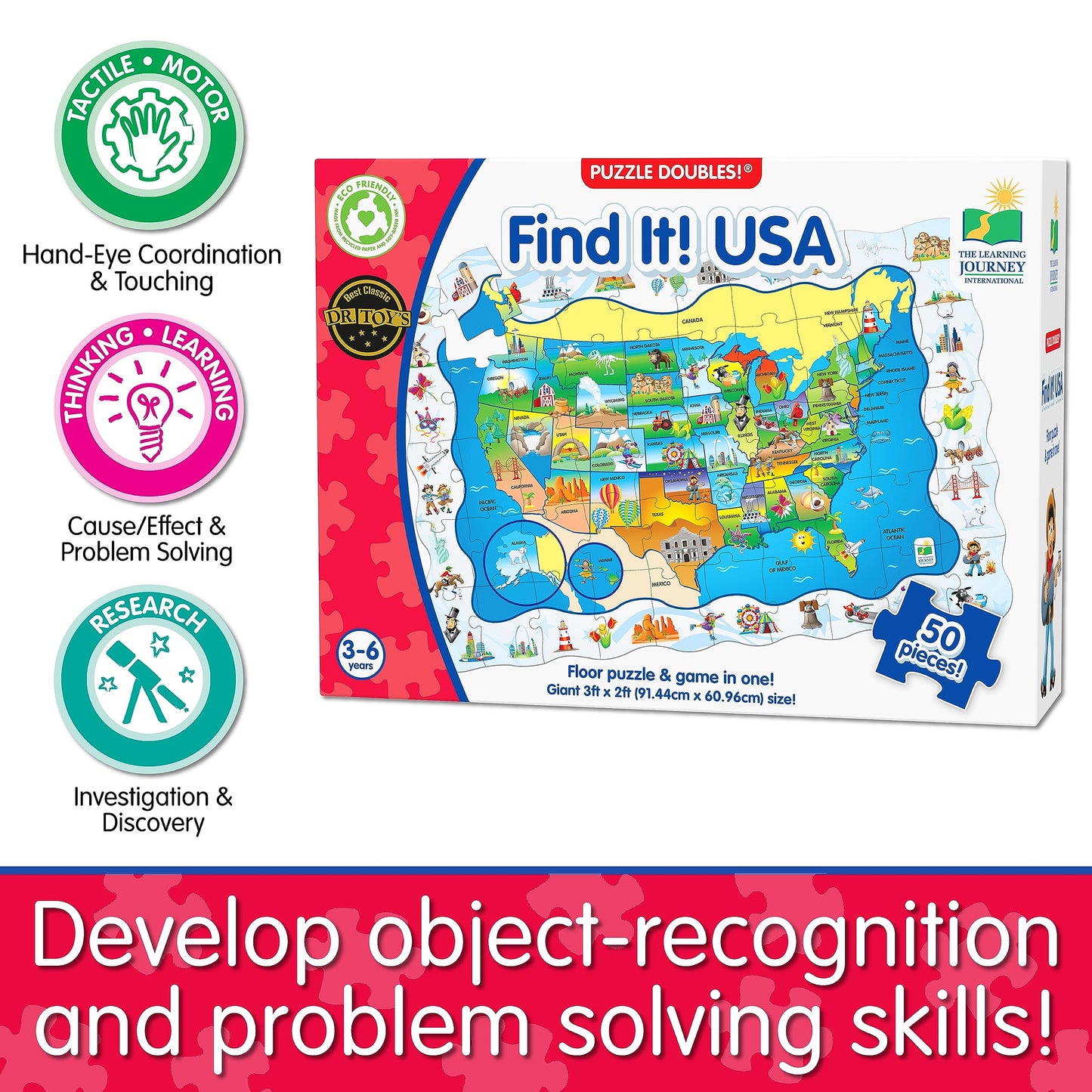 The Learning Journey Puzzle Doubles - Find It! Usa - 50 Piece Puzzle - Toddler Toys & Gifts For Boys & Girls Ages 3 And Up - Award Winning Puzzle (Model: 697368)