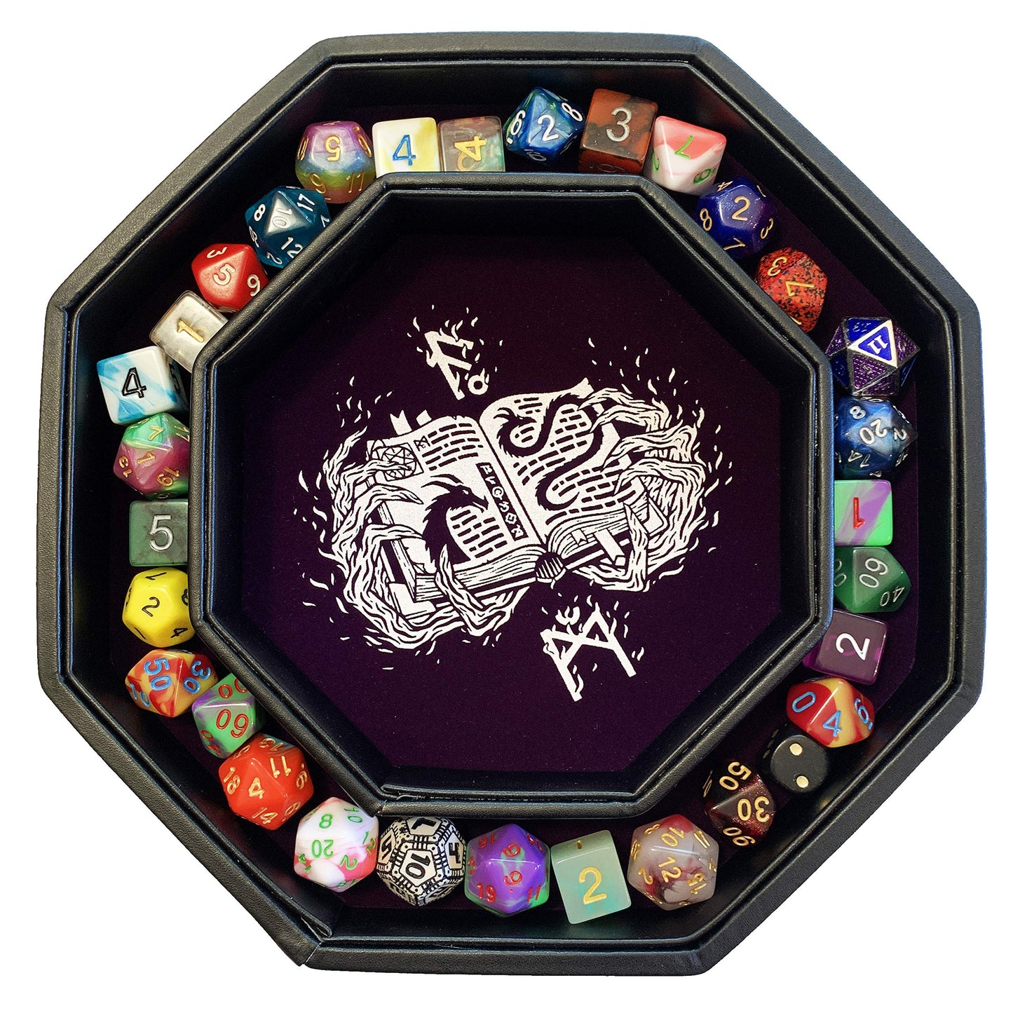 Fantasydice- Purple - Fire Dragon - Dice Tray - 8'' Octagon with Lid and Dice Staging Area- Holds 5 Sets of Dice(7 / Standard) f