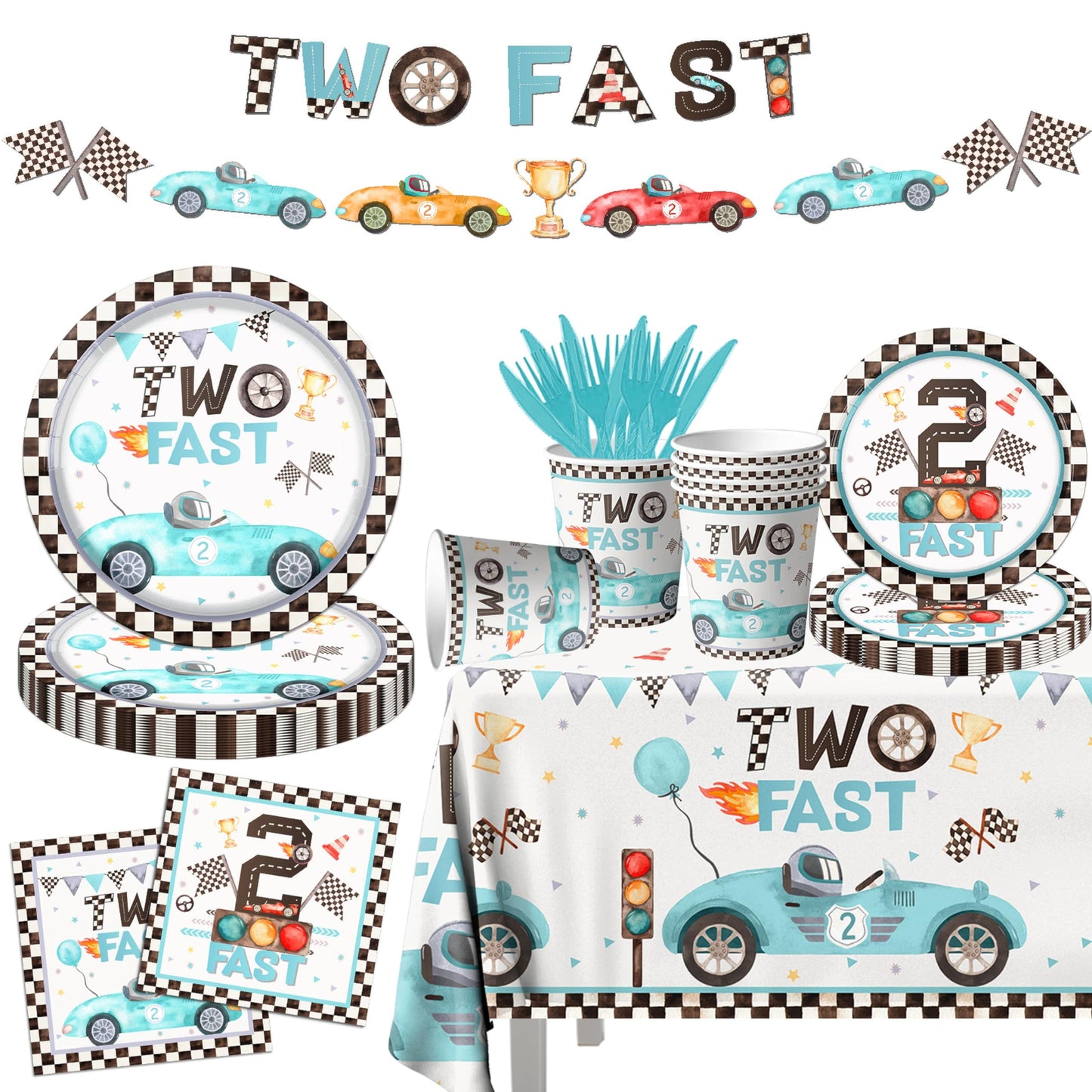 142Pcs Two Fast Birthday Party Tableware Decorations For Boys Blue Race Car Checkered Flags Racing Wheel Disposable Plates,Table