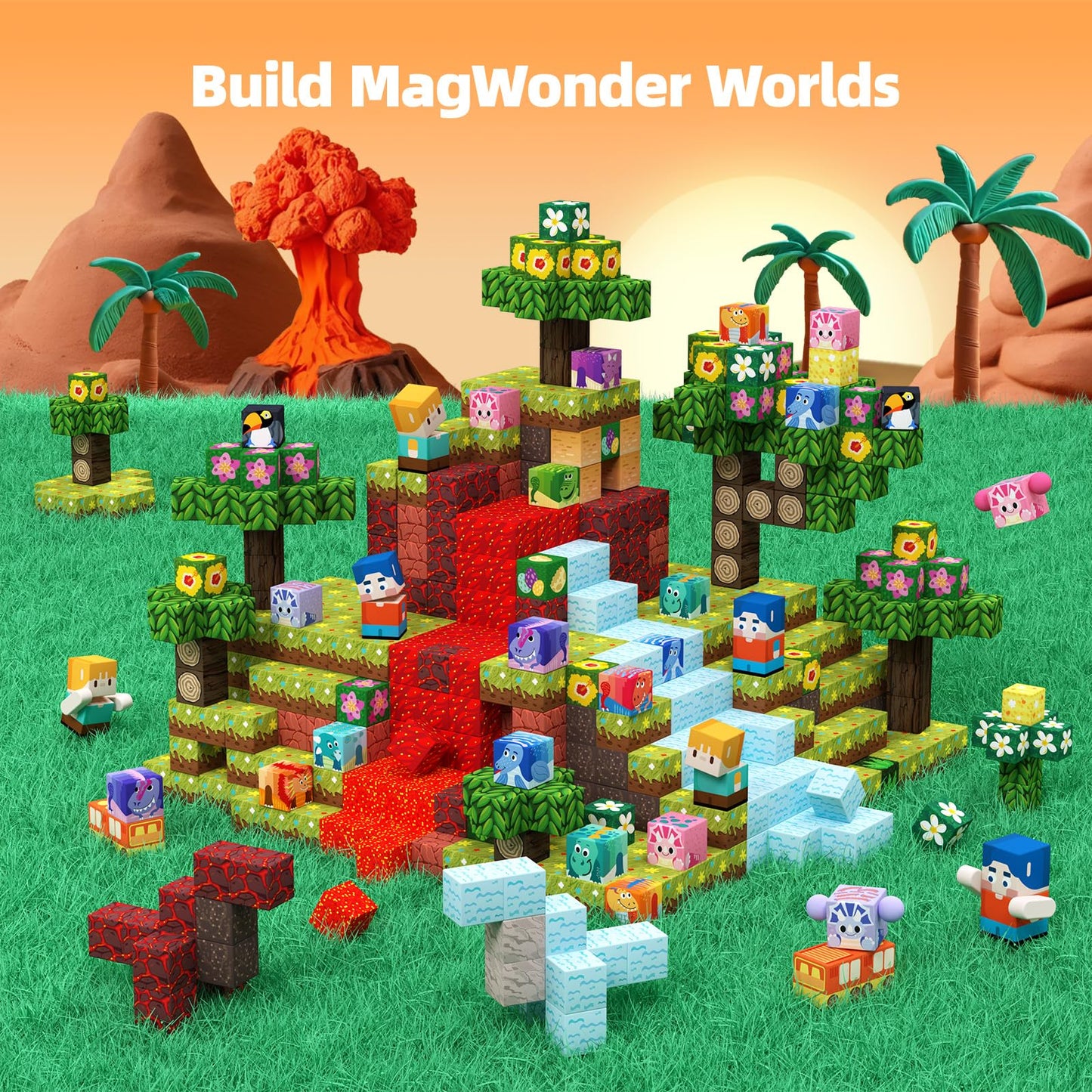 Gobidex 100Pcs Magnetic Building Blocks Volcano Dinosaur Set For Toddler, Sensory Stem Toys For Kids Ages 3-5 5-7 4-8, Birthday