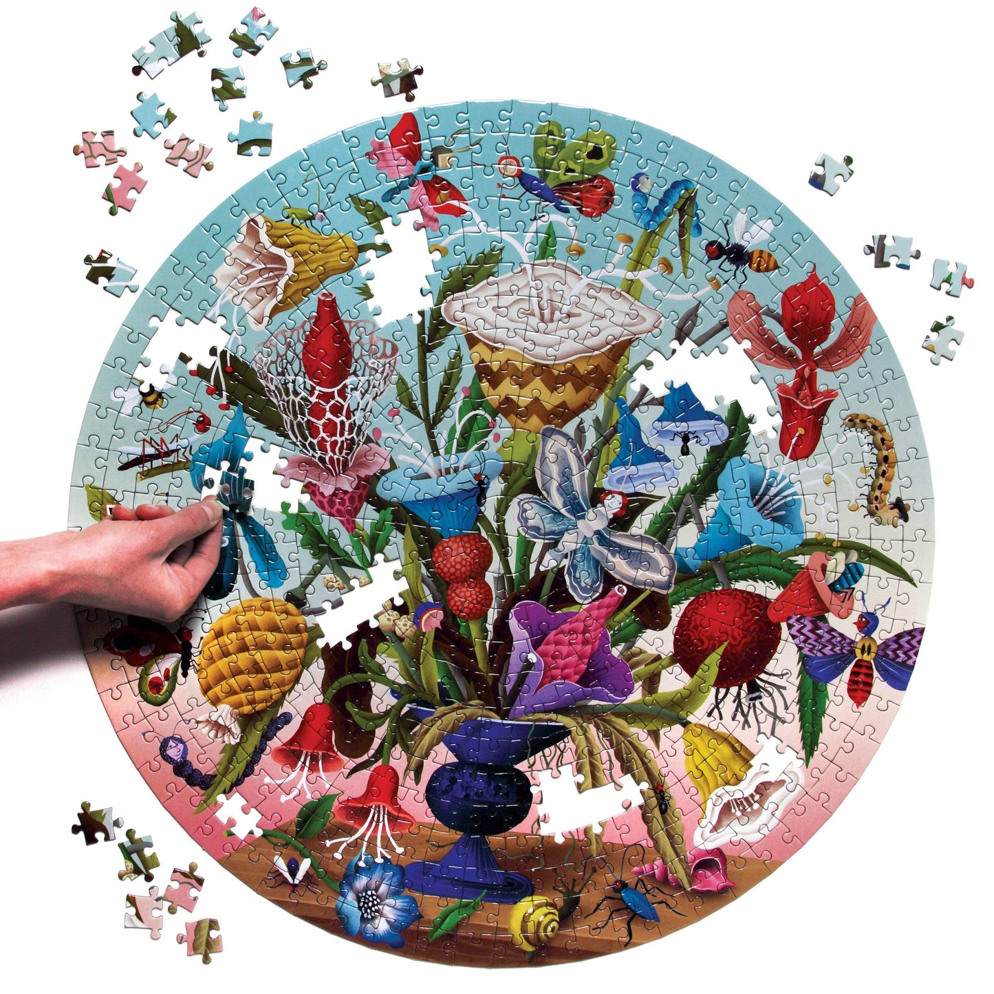 Eeboo: Piece And Love Crazy Bug Bouquet 500 Piece Round Jigsaw Puzzle, Jigsaw Puzzle For Adults And Families, Includes Glossy And Sturdy Pieces