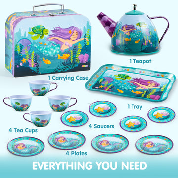 JOYIN Mermaid Tea Set for Toddlers Tea Party Set for Children Kids Pretend Role Play Tin Teapot Set with Cups, Plates and Carryi