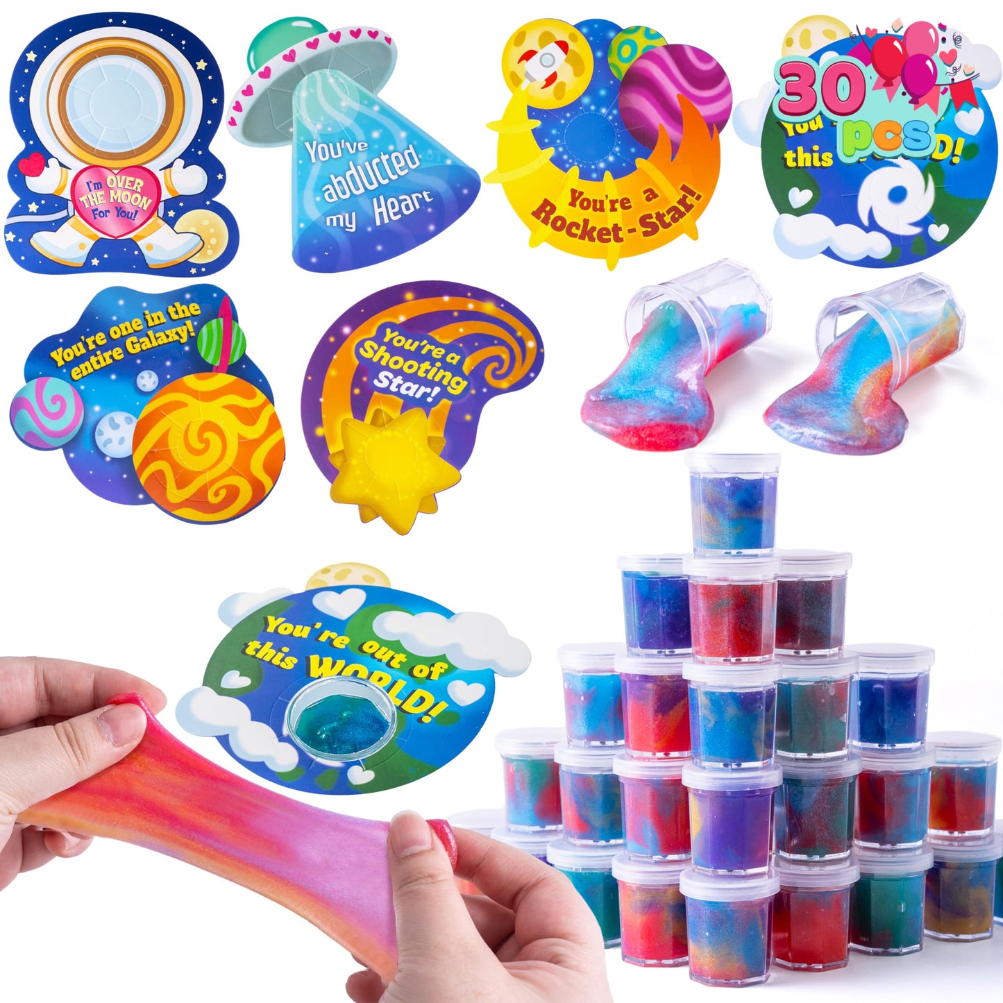 Joyin 30 Pcs V-Day Gift Cards With Galaxy Slime Stress Relief Fidget Toy For Kids Party Favor, Classroom Exchange Prizes, Valentin Party Favors, Greeting Cards