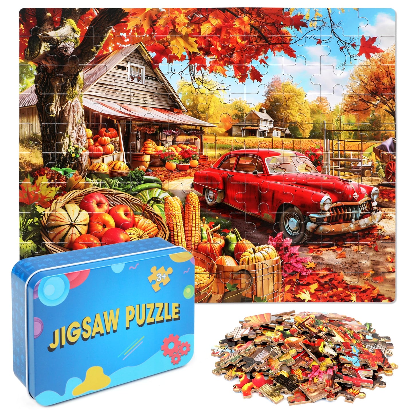 Lelemon Autumn Jigsaw Puzzles In A Metal Box 100 Pieces Autumn Pumpkin Red Car Maple Leaves Jigsaw Puzzle For Kids Ages 4-8 Chil