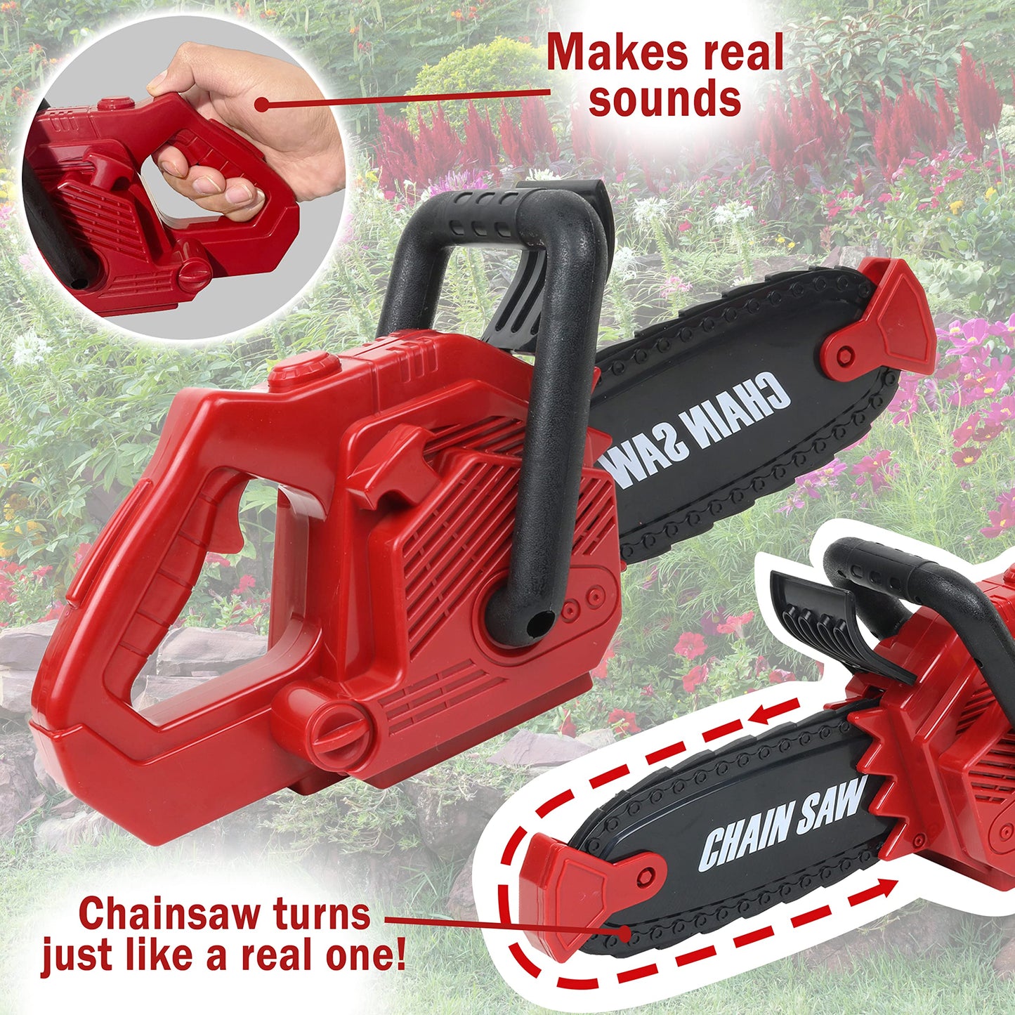 Kids Toy Chainsaw With Sound | Toddler Landscaping Gardening Tools And Equipment | Includes Safety Goggles Mask And Earmuffs