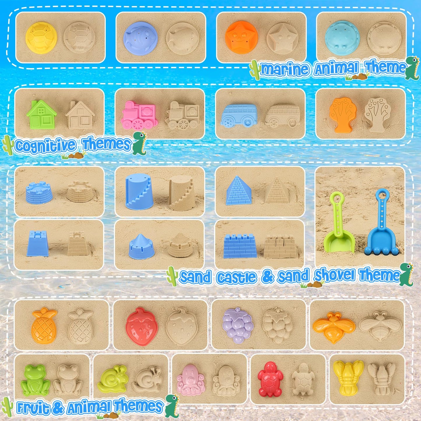 REZUCREY Beach Toys, Collapsible Sand Toys for Toddlers, Sand Bucket and Shovels Set with Mesh Bag Cute Sand Molds, Travel Sand