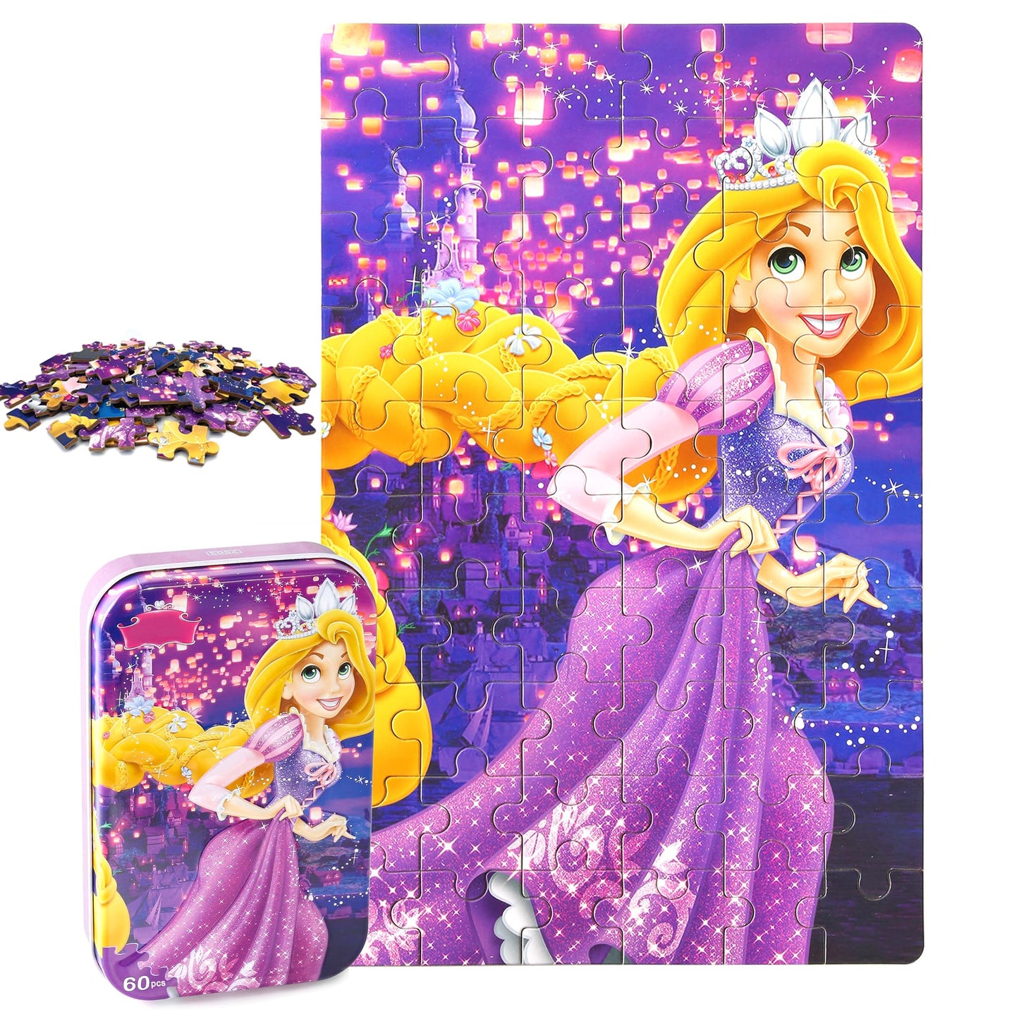 Lelemon Princess Puzzles In A Metal Box 60 Piece Long Hairs Princess Jigsaw Puzzle For Kids Ages 4-8 Children Learning Education