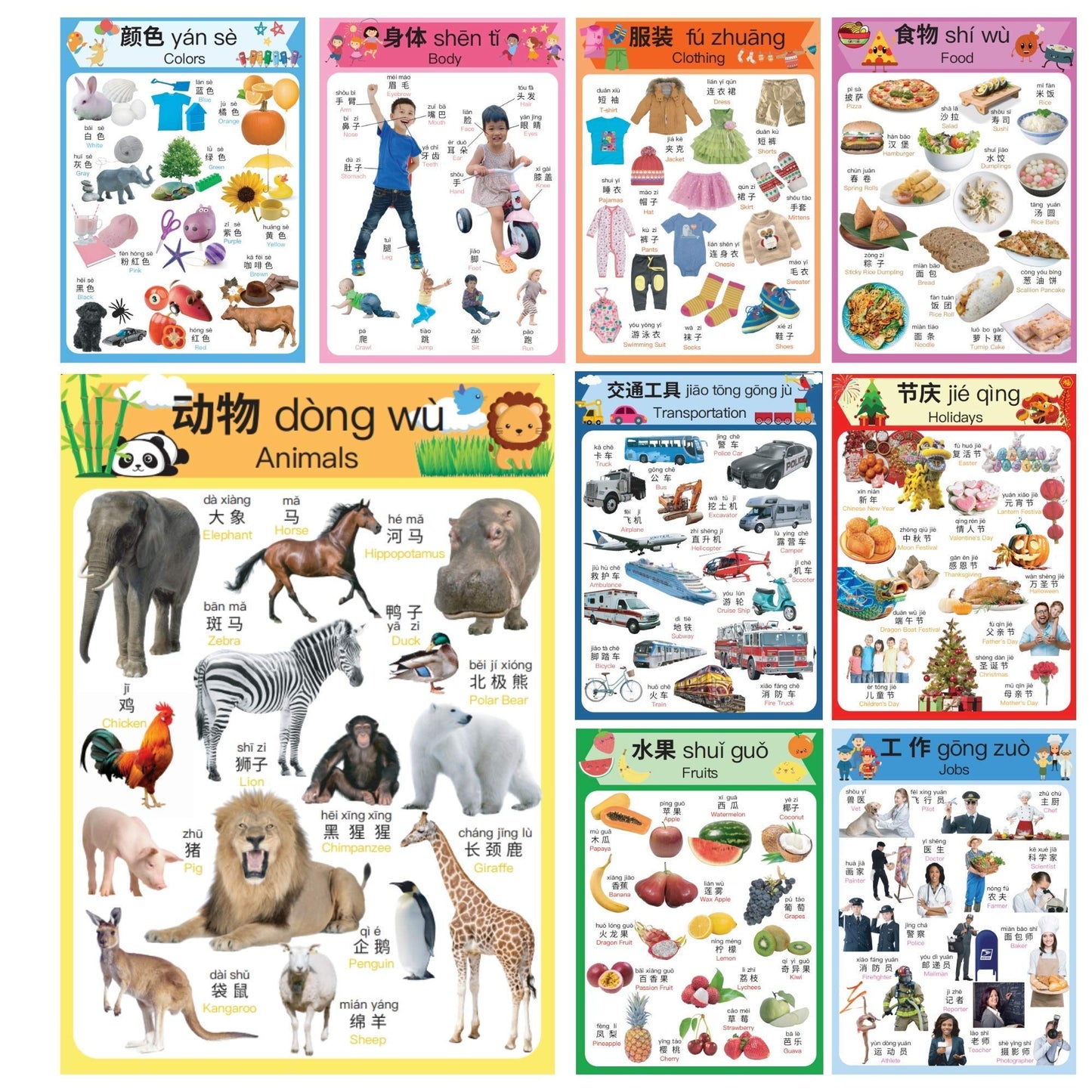 N/A/ Chinese Learning 10-Poster Set For Kids. Montessori-Inspired. Bilingual With Simplified Chinese, English, And Pinyin.