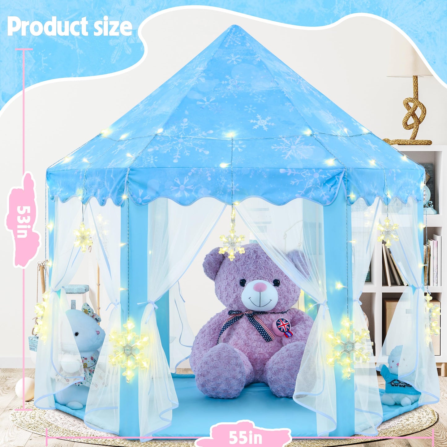 Evoionos Frozen Princess Tent For Girls, Play Tent With Large Snowflake Lights For Kids, Castle Playhouse For Children Indoor Ou