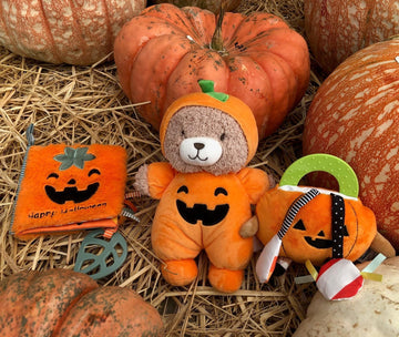 Halloween 9 Inch Plush Rattle With Embroidered Jack-O-Lantern For Baby, (Orange Pumpkin, Bear)