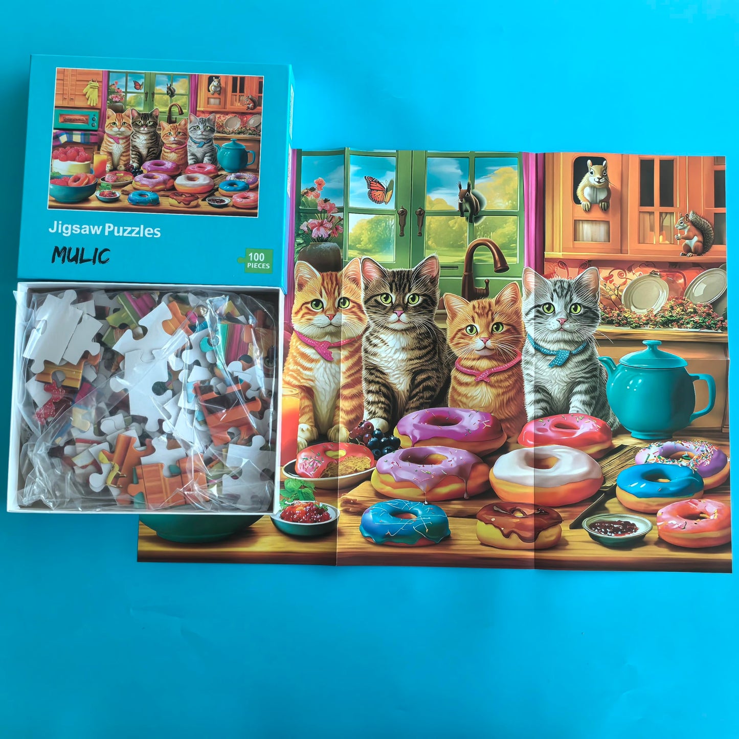 Extra Large Pieces Jigsaw Puzzles For Adults - 100 Piece Puzzles For Kids Ages 8-10 10-12 - Large Piece Puzzles For Seniors - Kitchen Kittens And Donuts