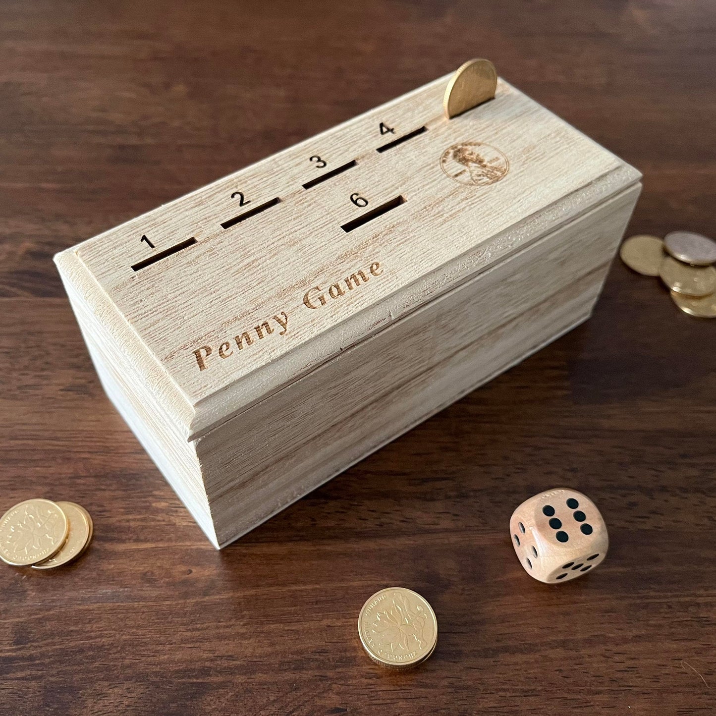 Penny Game - Fun Board Game Works With Coines, Get Rid Of Coins To Win, Penny Game Wood Box For 2+ Players, Simple + Strategic Dice Games