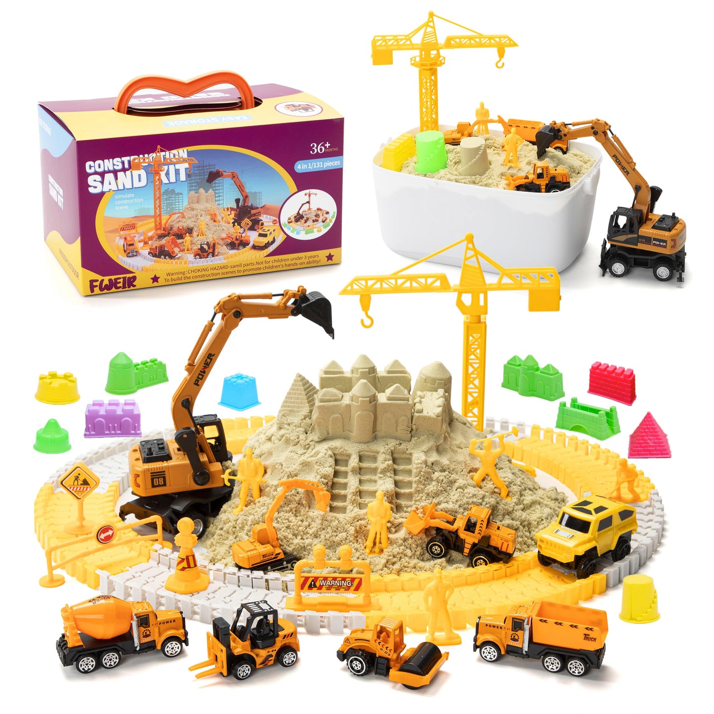 Fweir Play Construction Sand Kit,4 in1 Sandbox 2.8lbs Magic Sand 8 Alloy Construction Trucks 100 pcs Race Tracks 10 Sand Molds 1