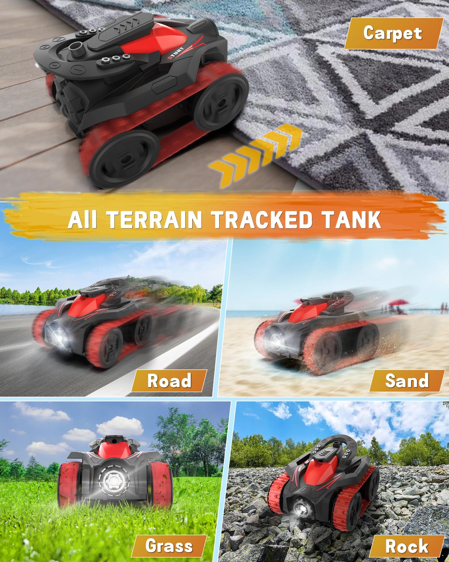 Eulogia RC Tracked Tank, Remote Control Stunt Car, 360-degree Upright Rotations, Multi-Driving with Headlight, All-Terrain Car T