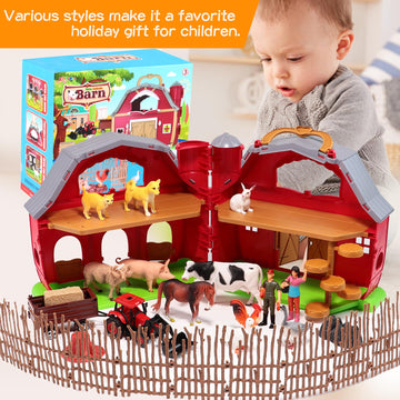 Enaurol Red Barn Farm Animals Toys, 28Pcs Animals Figures And Farm Tractor Playset, Educational Learning Toys For Toddlers And K