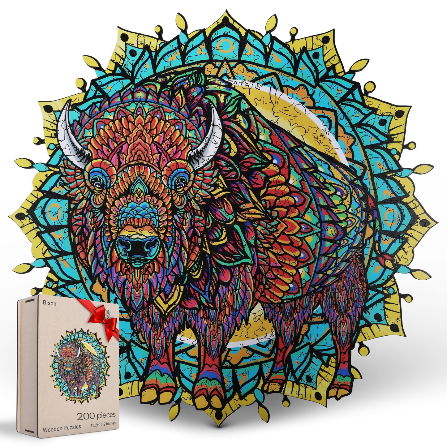 Estroso Wooden Puzzles For Adults - American Bison 200 Piece Wooden Jigsaw Puzzle - 11.2X10.9 Inches - Giftable Wooden Box And C
