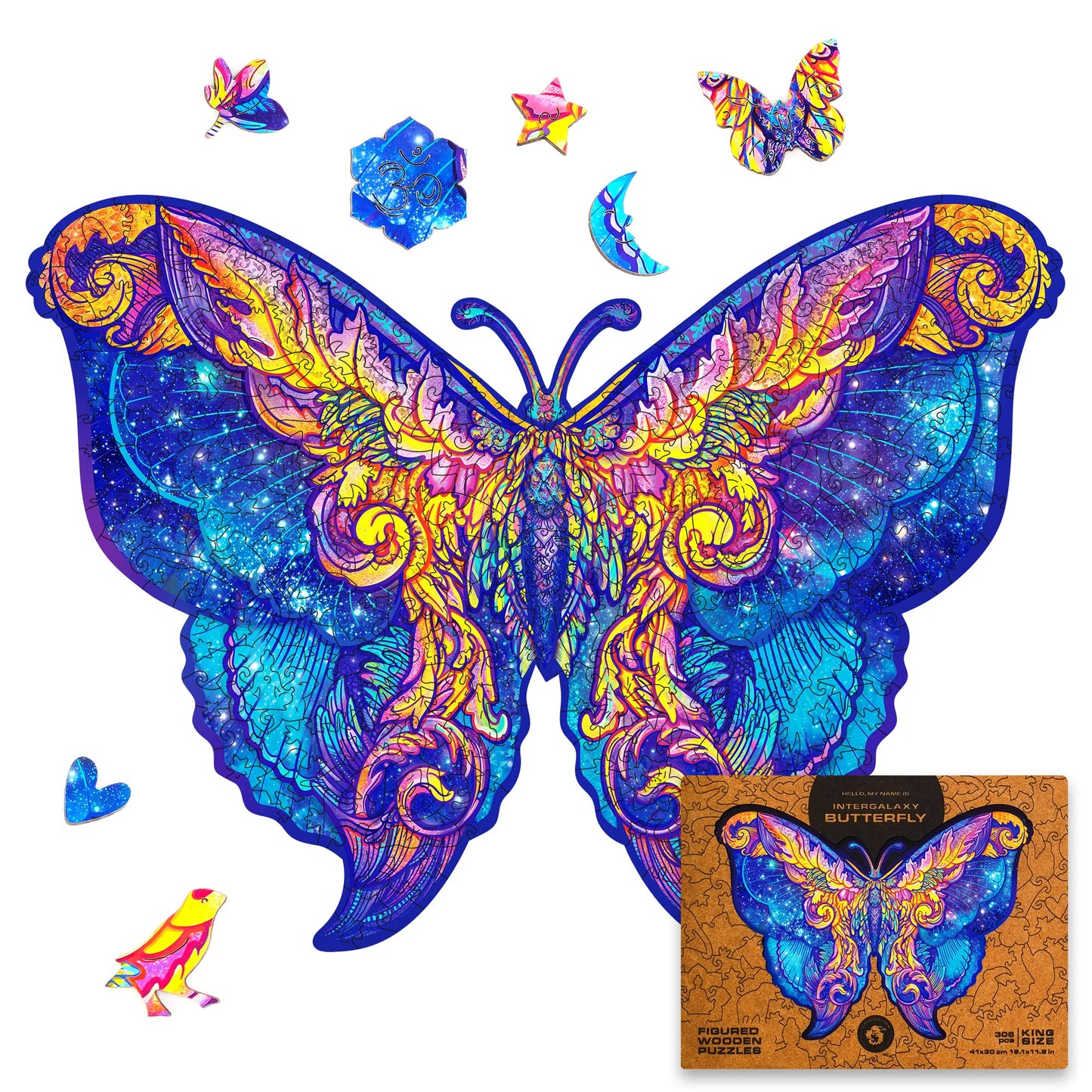 Unidragon Original Wooden Jigsaw Puzzles - Intergalaxy Butterfly, 306 Pcs, King Size 16.1'X11.8', Beautiful Gift Package, Unique Shape Best Gift For Adults And Kids