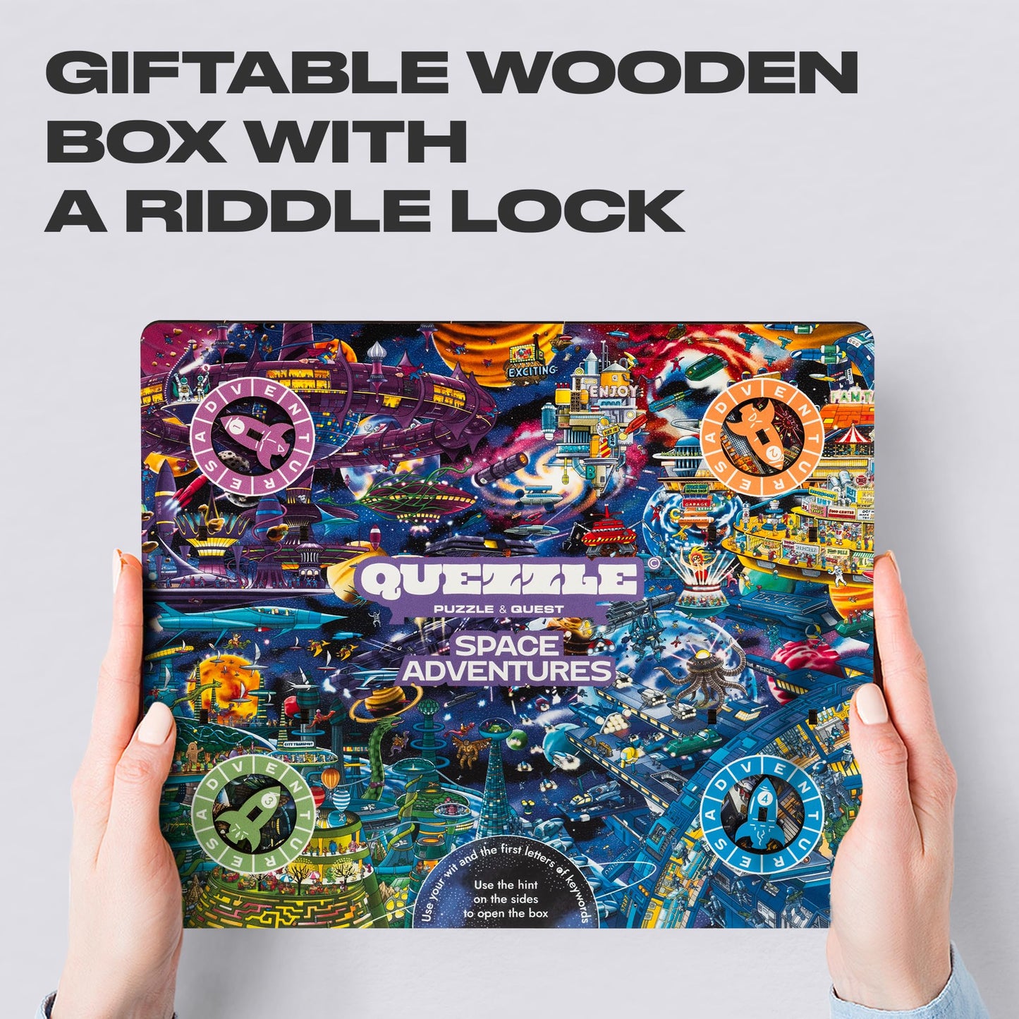 Unidragon Original + Ic4 Design Wooden Jigsaw Puzzle For Adults And Kids, Puzzle Board Game, Quezzle Space Adventures, Full Pack, 1000 Pieces, 28.2 By 19.6 Inches