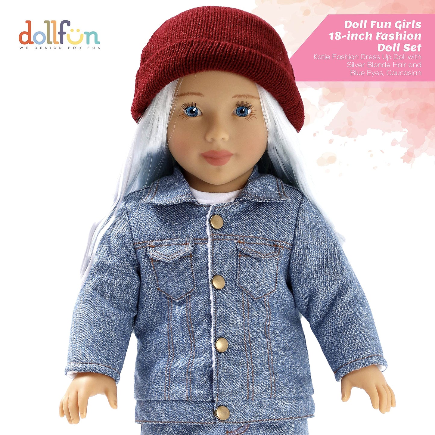 Dollfun World Girls 18 Inch Fashion Doll Set Katie(Australia) Fashion Dress Up Doll With Hair For Styling, Clothes, Shoes And Accessories. Silver Blonde Hair And Blue Eyes, Caucasian