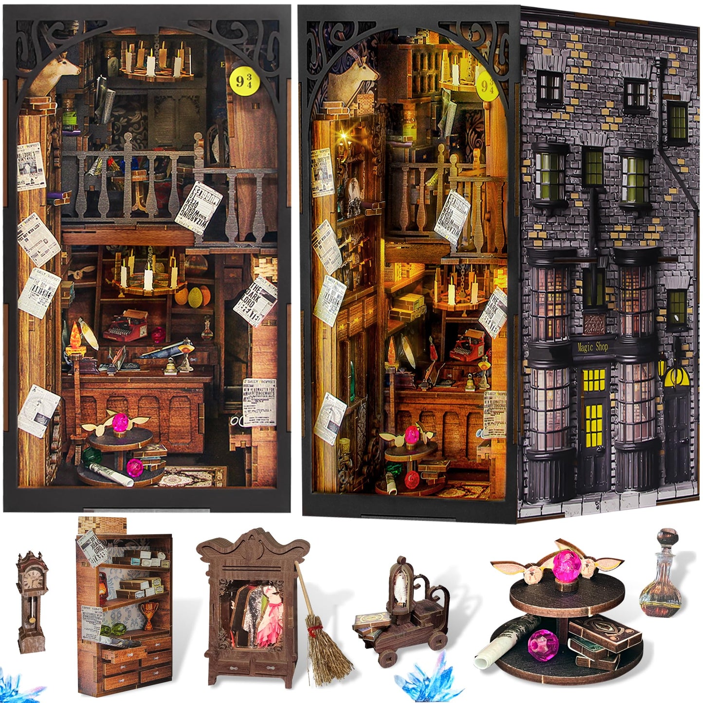 Diy Book Nook Kit, 3D Wooden Puzzle Miniature Booknook Bookend Bookshelf Decor With Led Light, Dust Cover, Book Nook Kits For Ad