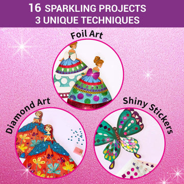 Chalk and Chuckles Art and Craft Kit, Sparkle & Shine Unicorn & Princess, Mess-Free Foil Art and Diamond Painting Set, Birthday