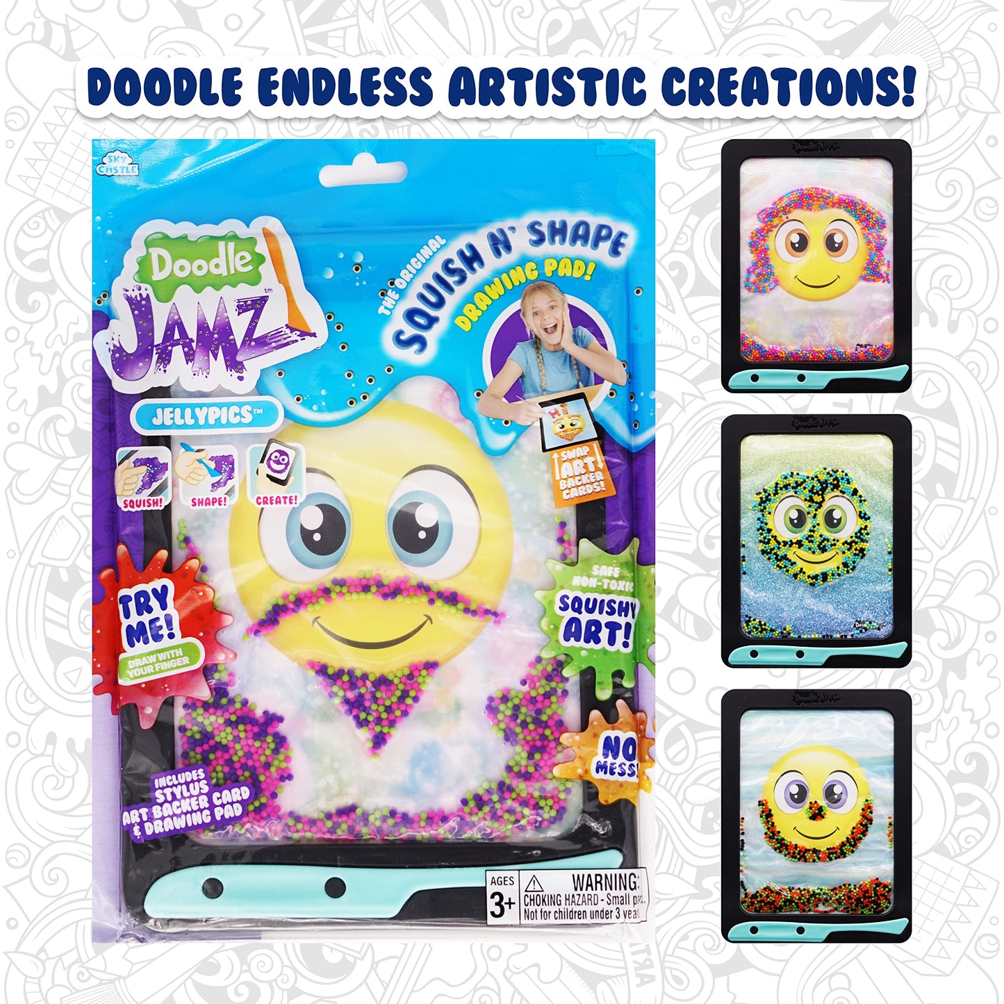 Sky Castle Doodlejamz Jellypics - Sensory Drawing Pads Filled With Non-Toxic Squishy Beads And Gel - Includes Stylus, Removable 2-Sided Emoji Backer Card (Pink, Purple, Green Beads)