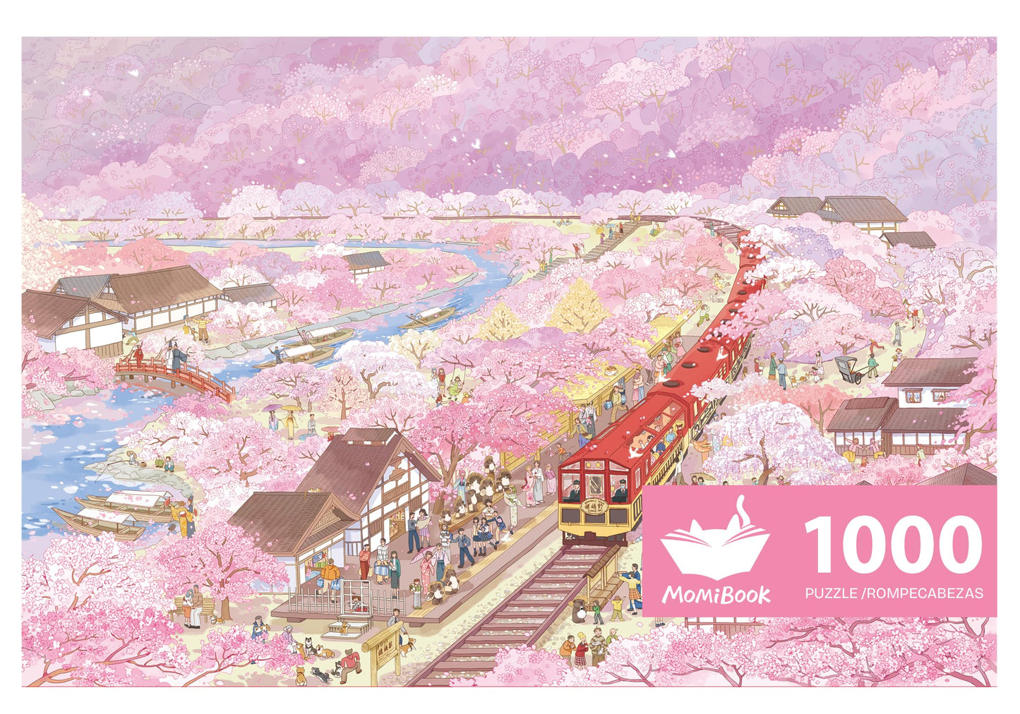 MOMIBOOK Puzzles for Adults 1000 Piece Jigsaw Puzzles of Arashiyama Sakura Tour, Painting Image Cherry Blossom Difficult Challen