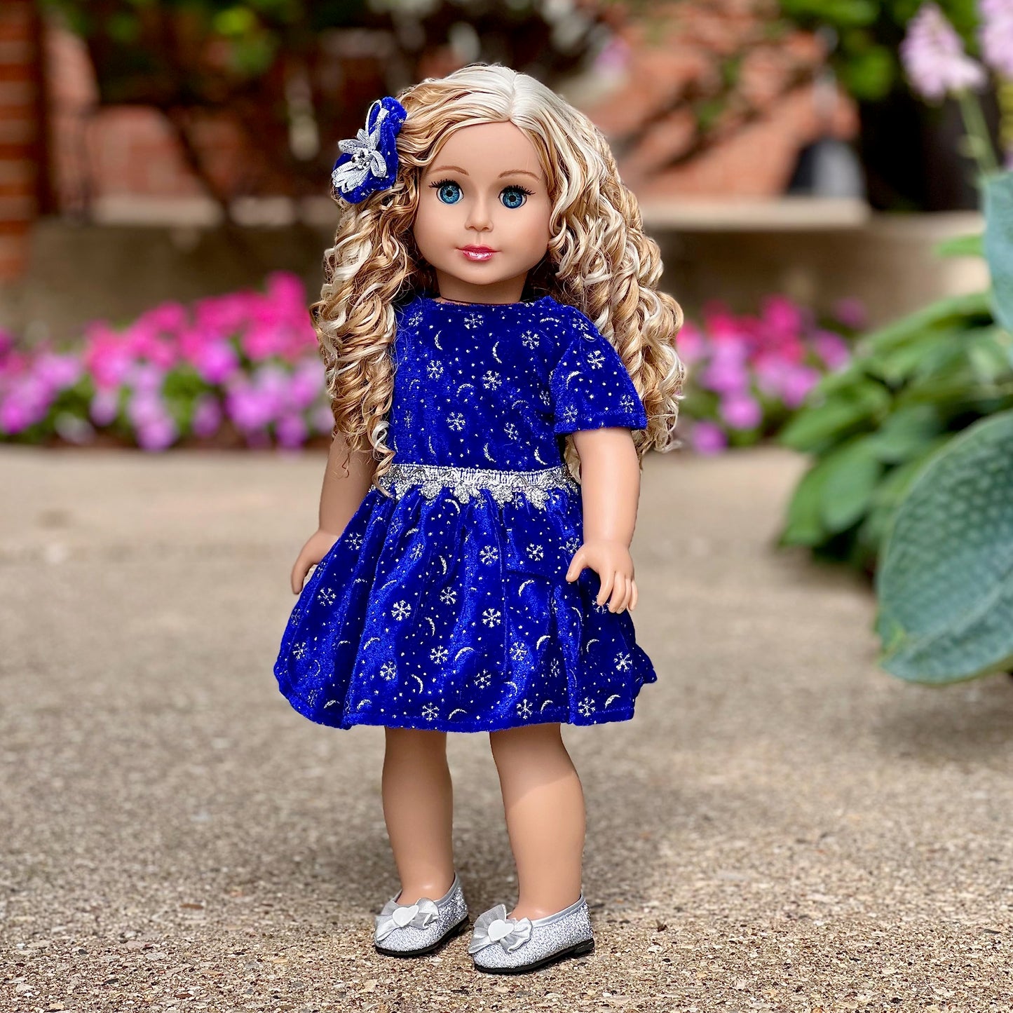 18 Inch Doll Clothes - Midnight Blue - 3 Piece Outfit - Dark Blue Sparkling Holiday Dress With Matching Silver Shoes And Headpiece - Clothes Fits American 18 Inch Doll (Doll Not Included)