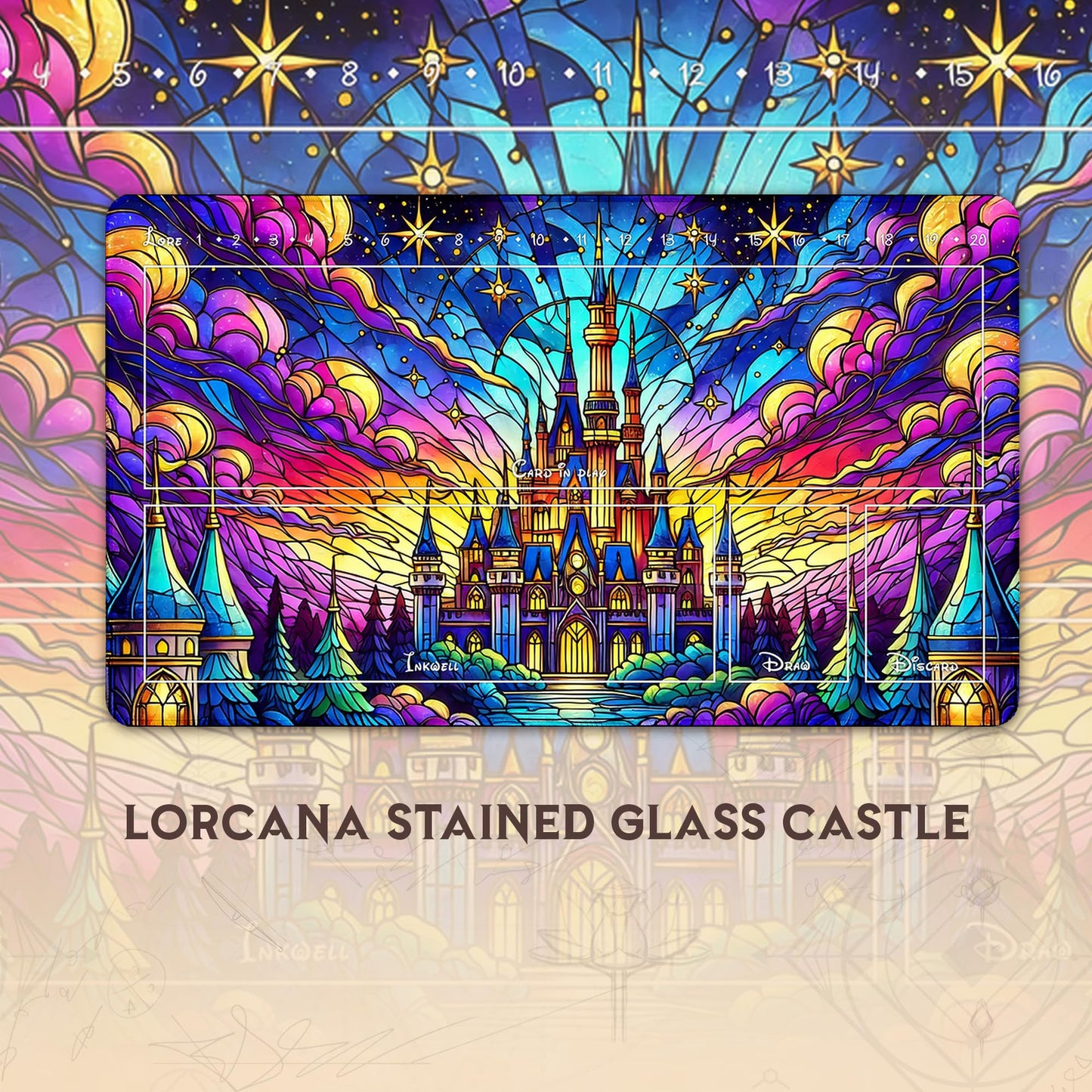 Wizcraft Gaming Paramint Lorcana Stained Glass Castle (Stitched) - Lorcana Playmat - Lorcana Mat, Lorcana Game Mat - Non-Slip Ru