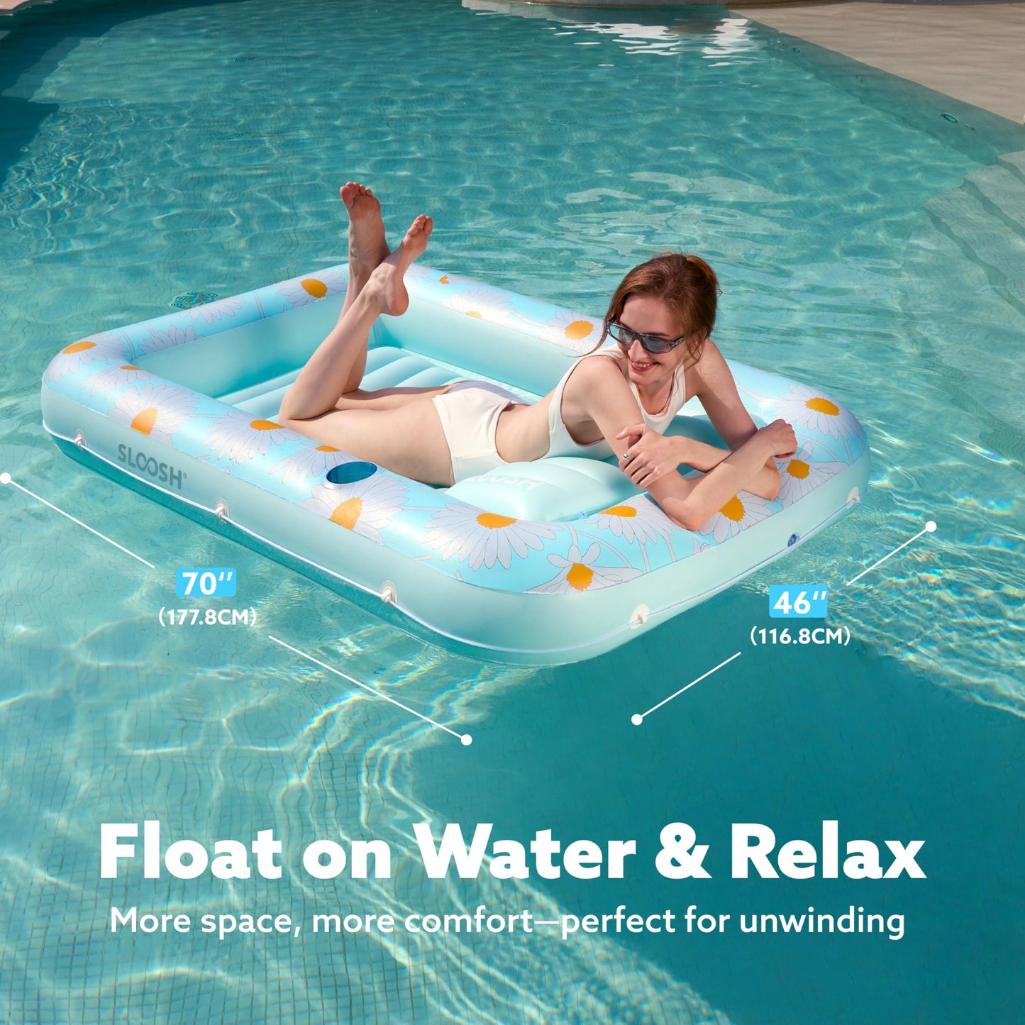 SLOOSH Inflatable Tanning Pool Lounger Float 70 x 46 Pool Floats mature-themed with Pillow 4 in 1 Suntan Tub Raft Floatie Sunbathing Bed Lounge for Water Blow Up Ball Pit Party Gifts Blue Daisy