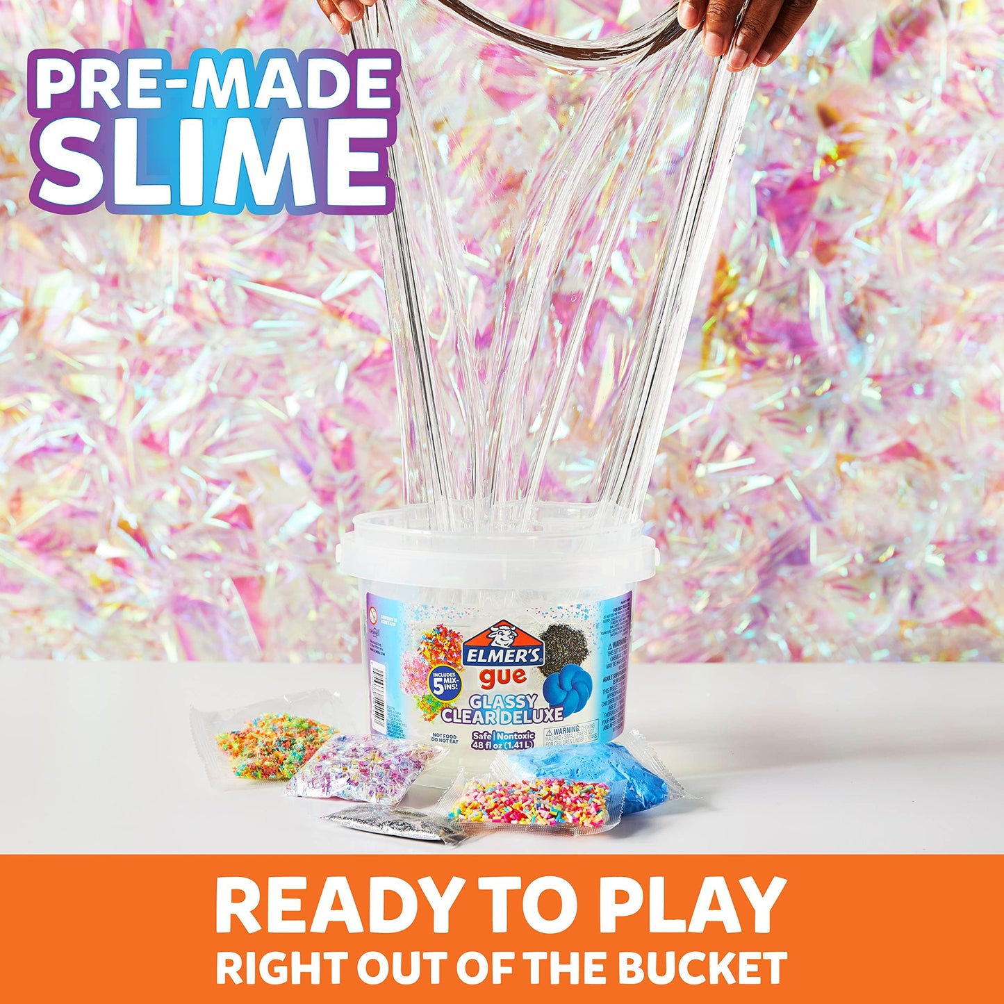 Elmer'S Gue Premade Includes 5 Sets Of Slime Add-Ins, 3 Lb. Bucket, Glassy Clear