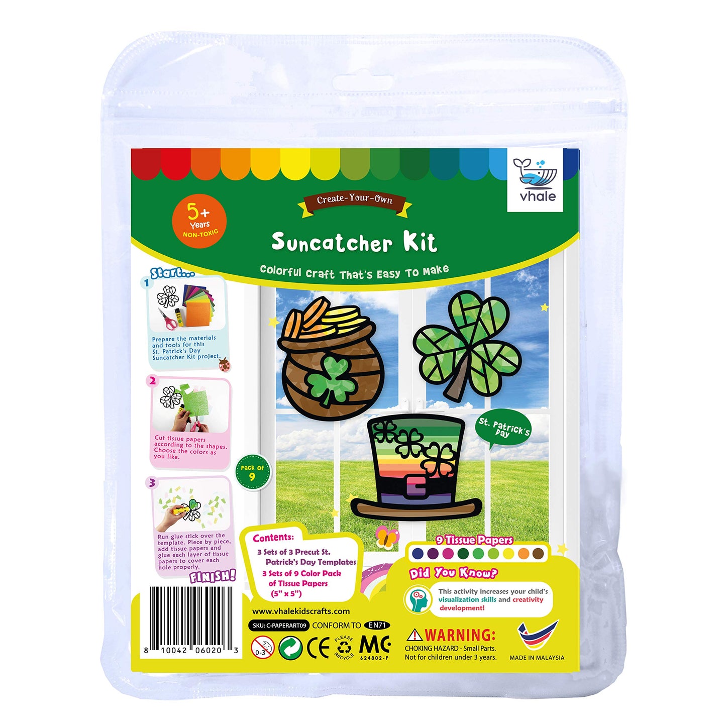 Vhale Suncatchers Craft 3 Sets (9 Cutouts) W Tissue Papers Stained Glass Effect Paper Sun Catcher Kit, Window Art, Classroom Crafts, Creative Art Projects, Kids Party Favors (St. Patrick'S Day)