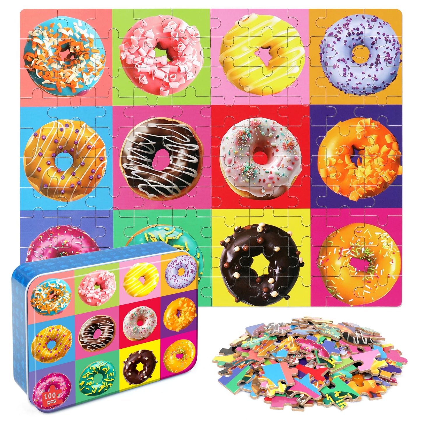LELEMON Puzzles for Kids Ages 4-6,Donut 100 Piece Puzzles for Kids in a Metal Box, Educational Jigsaw Puzzles 100 Piece Puzzle G