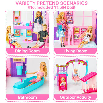 Style Shine Doll House Portable & Foldable Dollhouse W/ 60+ Pcs & 2 Dolls, Play House Toy With Bedroom Bathroom Kitchen Furnitur