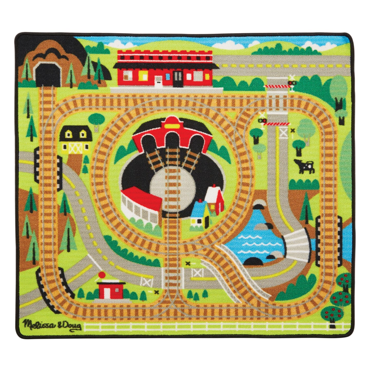 Melissa & Doug Round The Rails Train Activity Play Rug, 3 Wooden Train Cars (39' X 36')