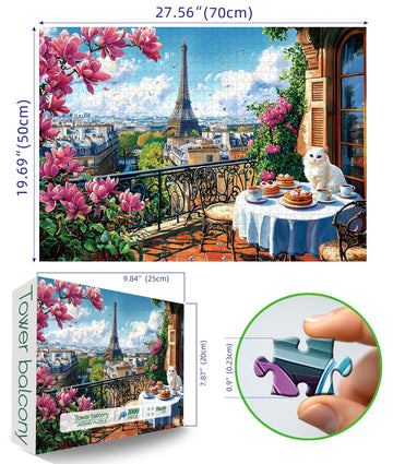 1000 Piece Puzzles For Adults Clearance, Paris Springtime Tea & Cat Scene Puzzle For Adults, Impossible Challenge Art Jigsaw Puz