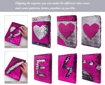 Sequin Girls Journal for Kids 8.5x5.5 160 Lined Pages Diary for Girls Heart Pattern Reversible Flip Sequence Notebook for Teenage Pre School Writing Drawing Travel Gifts (Rose Red-Sliver)