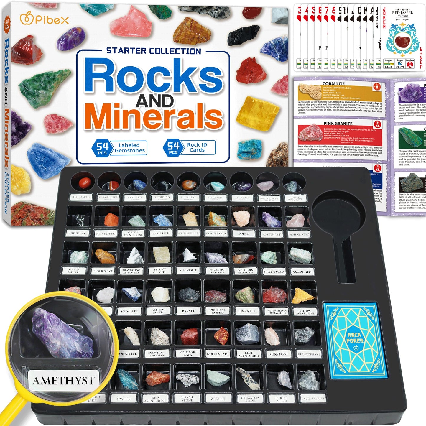 Pibex Rock Collection Starter Kit - 54 Pcs Assorted Gemstones, Crystals, Rocks & Minerals, With Learning Book & Id Cards, Earth