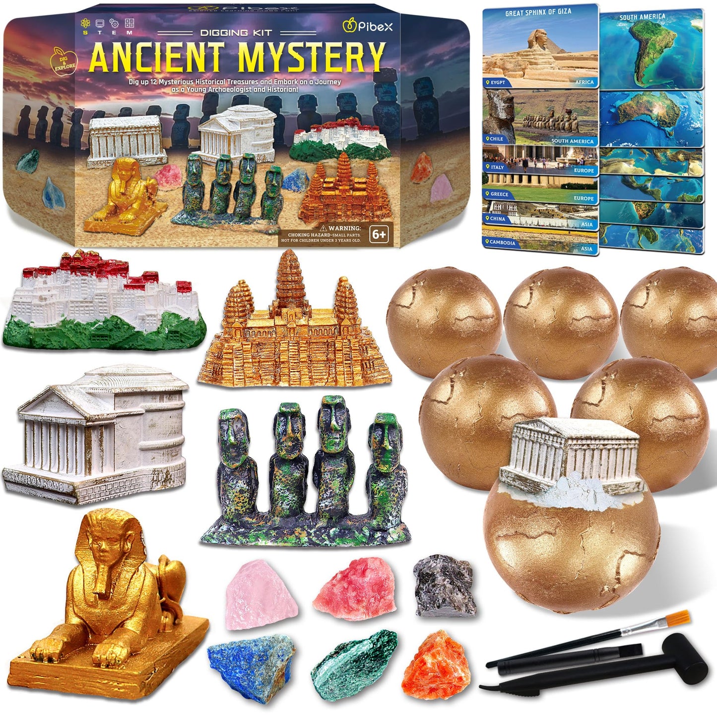Pibex Ancient Wonders Dig Kit, Dig Up 6 Mystery Historical Landmarks & 6 Treasure Stones, Famous World History Architecture Toy