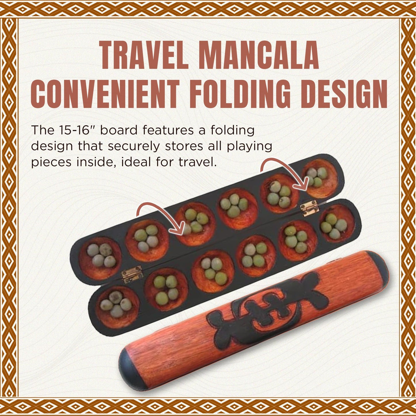 Africa Heartwood Project African Oware Mancala Board - Hand-Carved Solid Wood with Adinkra Symbol, Wooden Folding Mancala Design