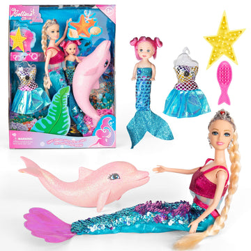 Mermaid Princess Doll With Little Mermaid And Pink Dolphin Playset, Blonde Hair Mermaid Toys With Accessories, Gift For 3 To 7 Year Old Girls