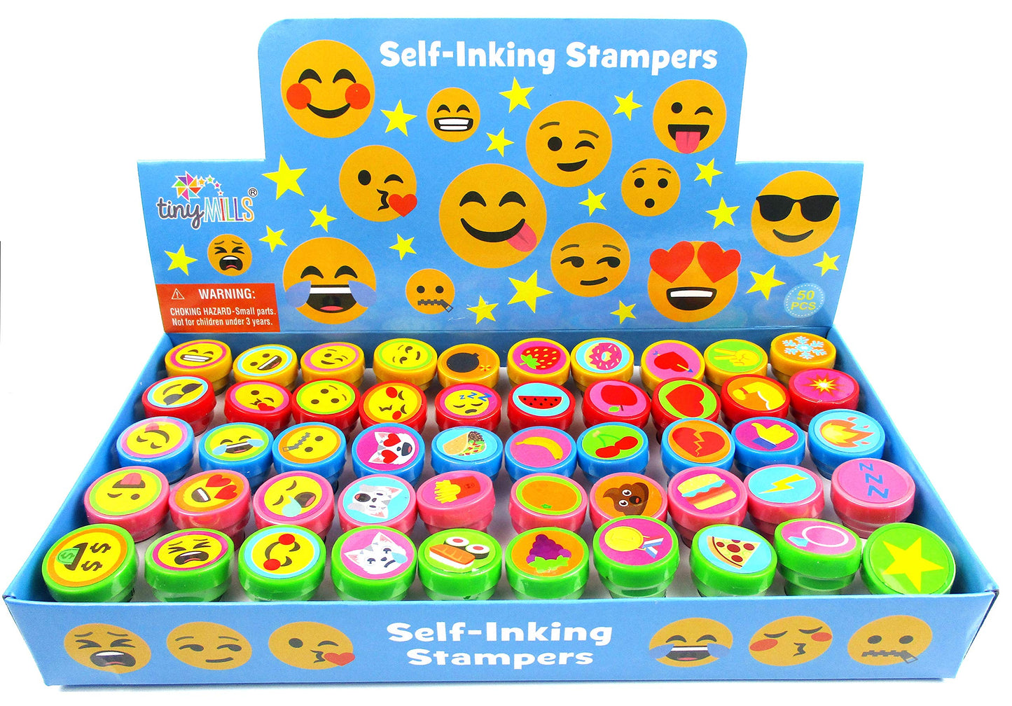 Tiny Mills 50 Pcs Emoji Assorted Stamps for Kids Self-Ink Stamps (50 Different Designs) for Emoji Birthday Party Favors,Goodie B
