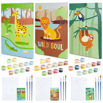 Bonnyco Paint By Numbers Kit For Kids Animals Pack 3 Canvas Paint By Number Canvas, Jungle Animals Gifts For Boys, Arts And Crafts, Kids Paint By Number Kits Pre Drawn Canvas For Painting For Kids