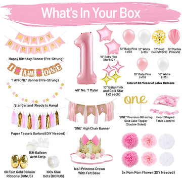 1st Birthday Girl Decorations WITH Birthday Crown- Baby First Birthday Decorations Girl - Pink and Gold Party Supplies - One Bal